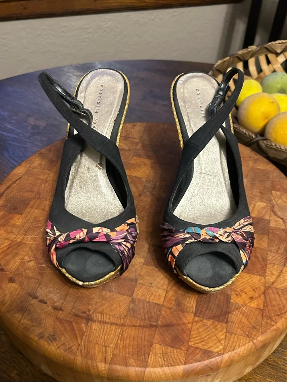 Charlotte Russe Black Slingback Wedge Heels with Multicolor Floral Knot